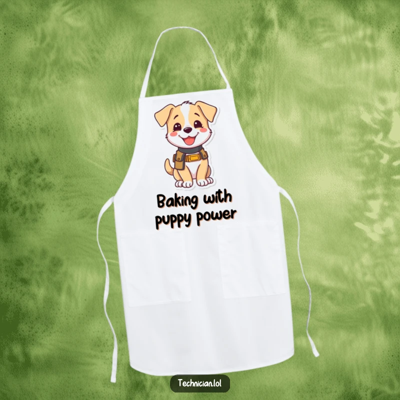 Funny apron with a joyful puppy wearing a tool belt, looking eager to help in the kitchen with humorous charm and practicality.