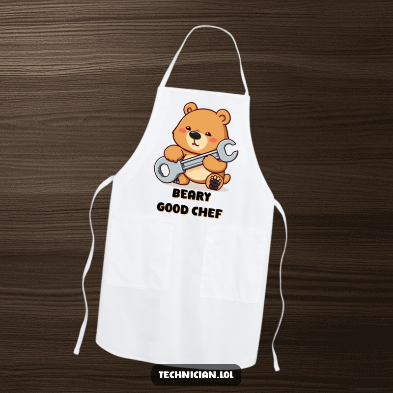 Funny Aprons: A determined bear tightens a bolt with a large wrench, keeping your clothes clean with a side of powerful, mechanical humor.