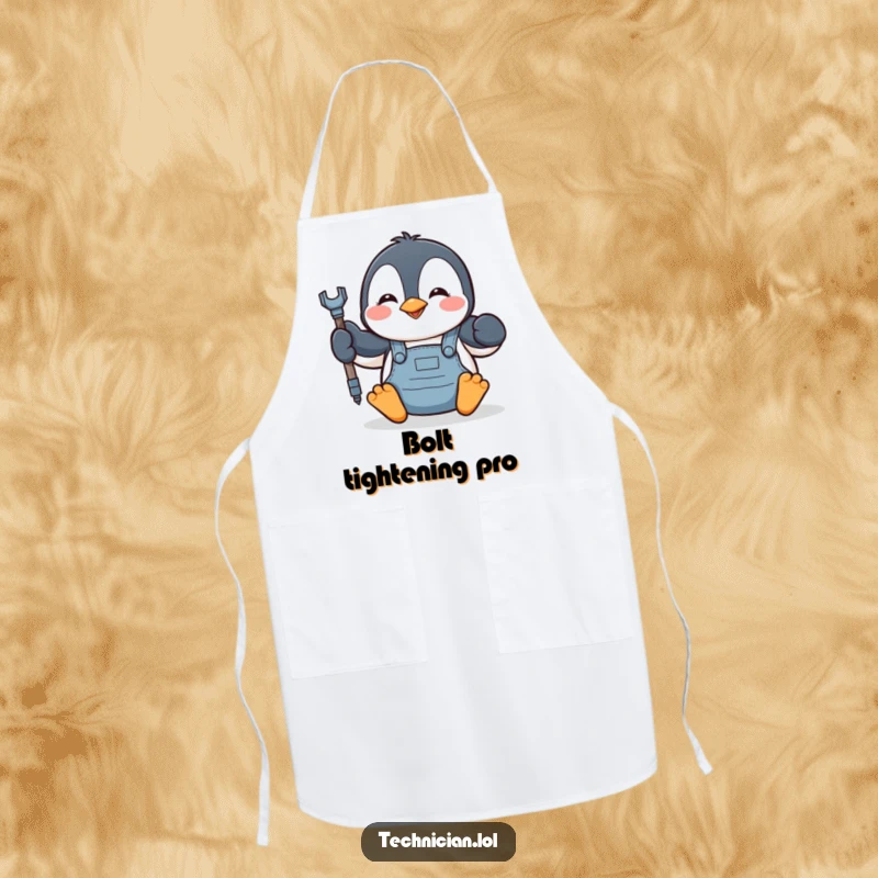Funny penguin wearing overalls, working on a bolt, featured on a kitchen or workshop apron, practical and amusing.