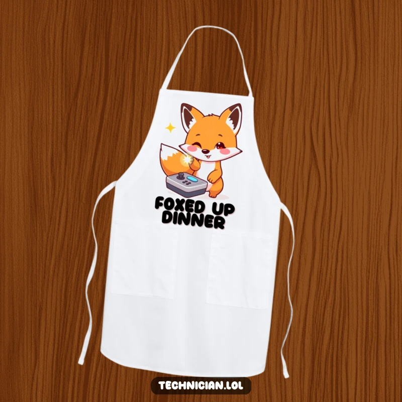 Funny apron with a playful fox pointing at a flashing light on a console, ideal for active tasks.