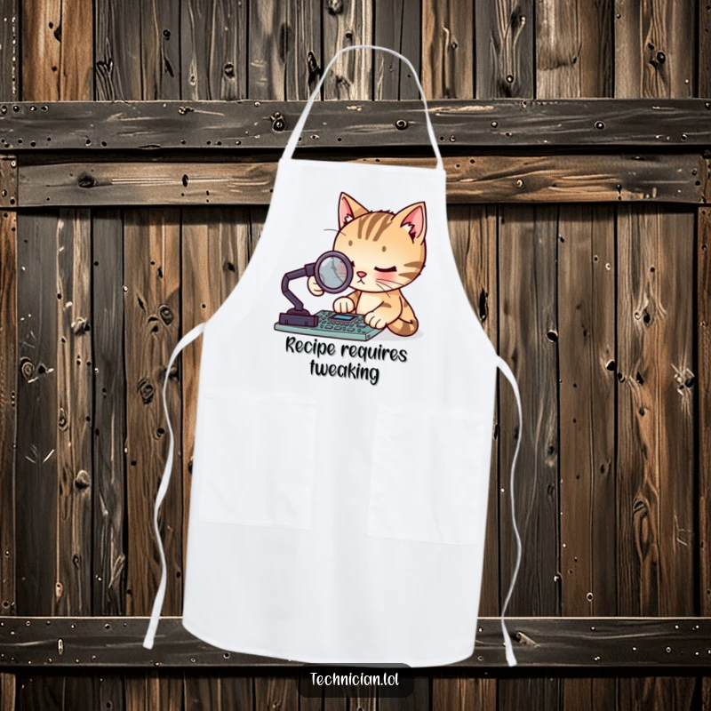 Funny focused cat with a magnifying glass examining a circuit board, on a kitchen apron, ideal for a funny gift.