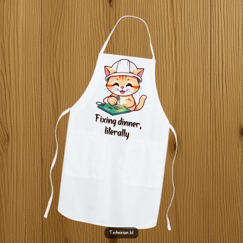 Funny apron graphic of a cat wearing a hard hat soldering a circuit board, a humorous tech accessory.