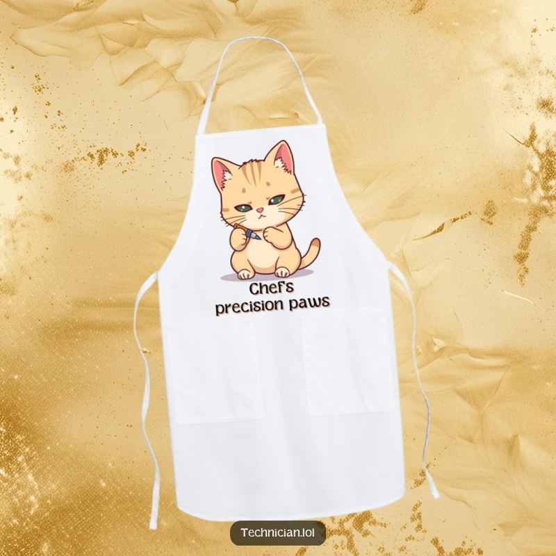 Funny apron, determined cat with tiny screwdriver, precise work, DIY enthusiast accessory, kitchen humor.