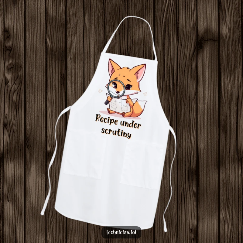 Funny fox apron, a determined fox with a magnifying glass inspects a detailed recipe diagram, ready for culinary success.