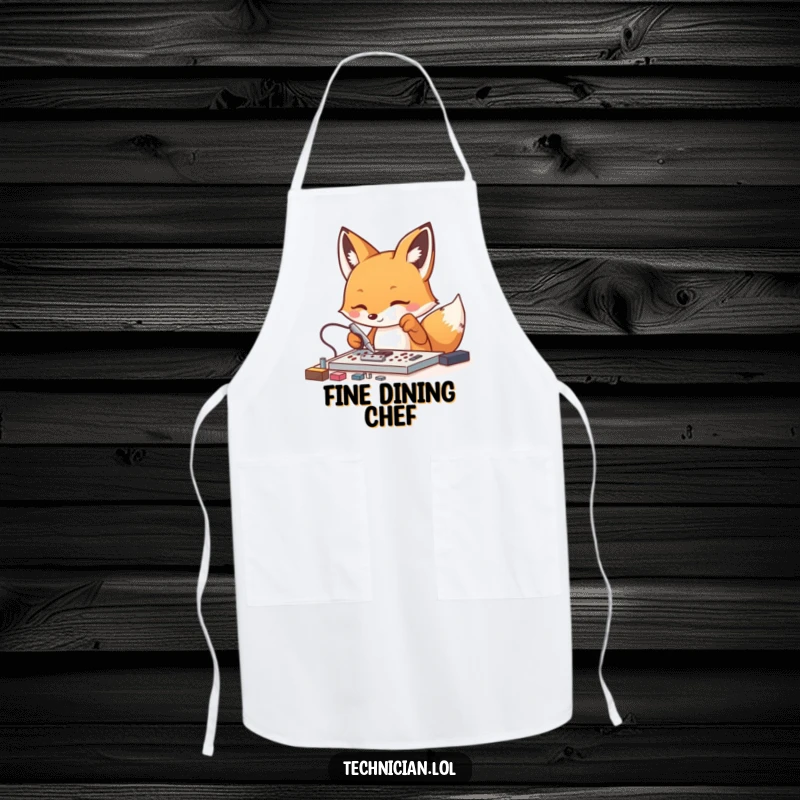 Funny Fox Tech Apron: An energetic fox skillfully uses tweezers on small components, perfect for precise tasks in the kitchen or workshop.