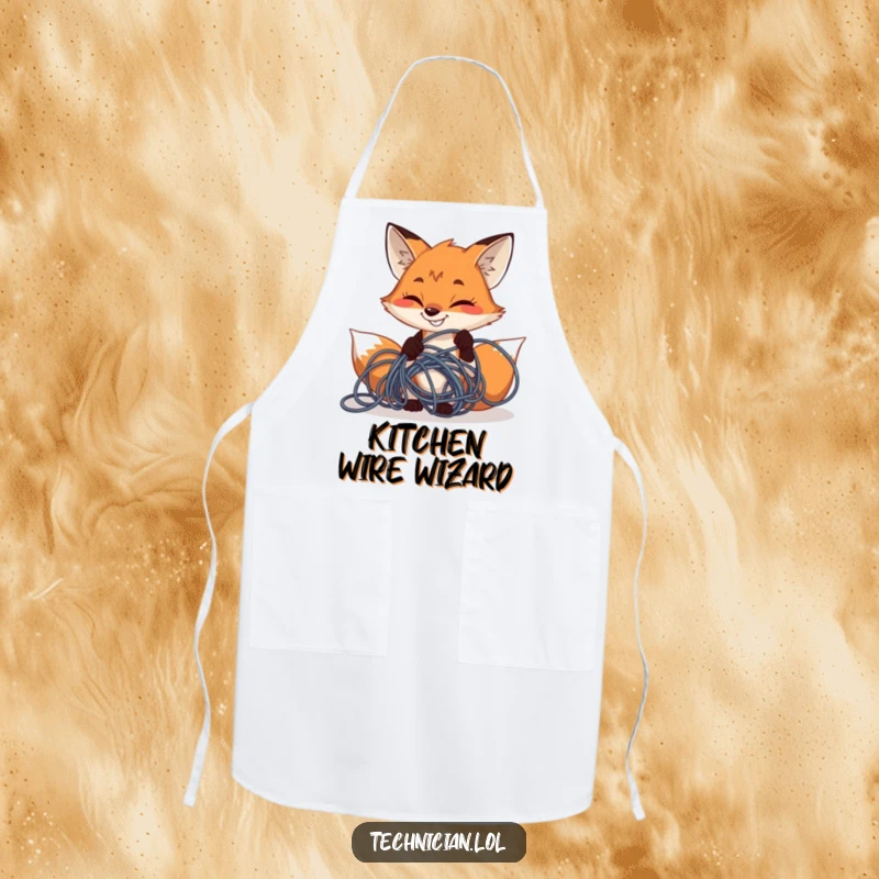 Funny determined fox grinning while fixing tangled wires, on a kitchen apron, ideal for a funny gift.