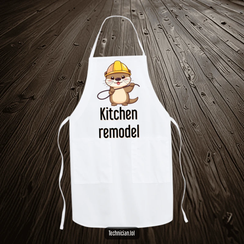 Funny apron with a playful otter wearing a hard hat and holding a wire, a humorous kitchen accessory and a perfect funny gift.