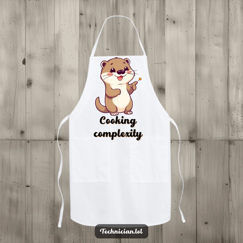 Funny apron with a cheerful otter pointing at a complex schematic, perfect for kitchen planning with a touch of smart humor.