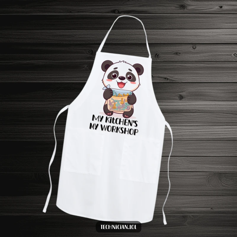 Funny apron design of a silly panda proudly holding a bag of assorted screws, ideal for cooking or crafting.