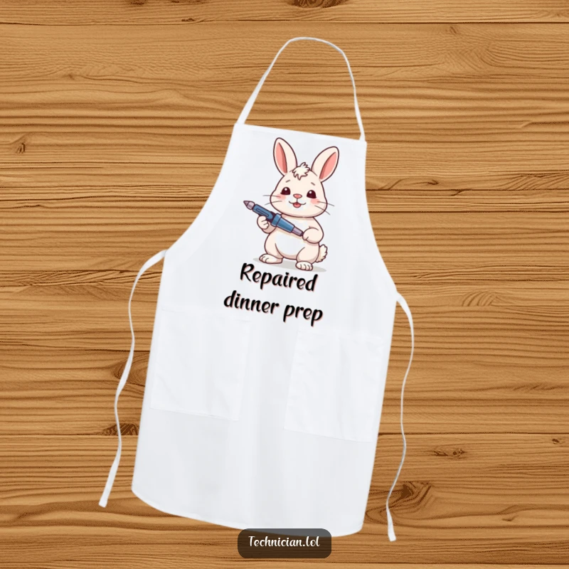Funny Rabbit Apron showing a content rabbit looking satisfied while holding a screwdriver, ready for any building or repair task.
