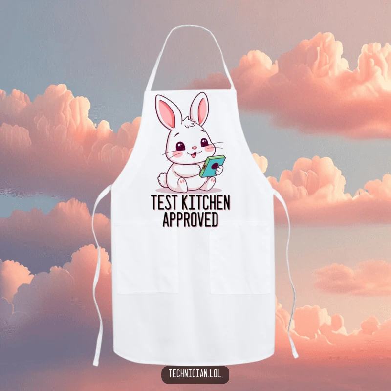 Funny apron showcasing a cheery rabbit with a curious face, testing a colorful gadget; ideal for a fun and clean cooking experience.