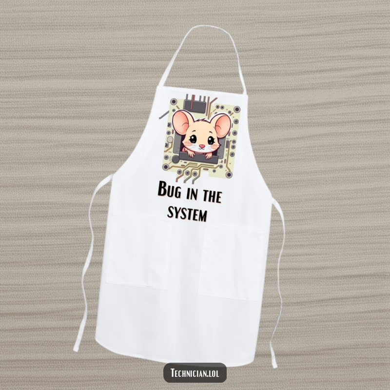 Funny shy mouse peeking from a circuit board, expressing amazement, on a functional apron for kitchen adventures.