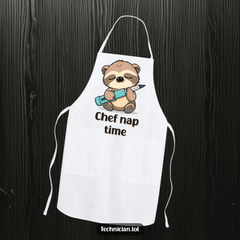 Funny Sloth Apron: A sleepy sloth holds a screwdriver backwards, perfect for adding humor to cooking or crafting activities.