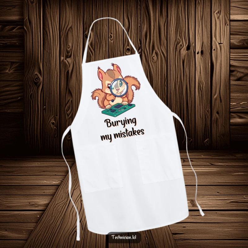 Funny apron with a determined squirrel analyzing a circuit board with a magnifying glass, ideal for focused tasks.