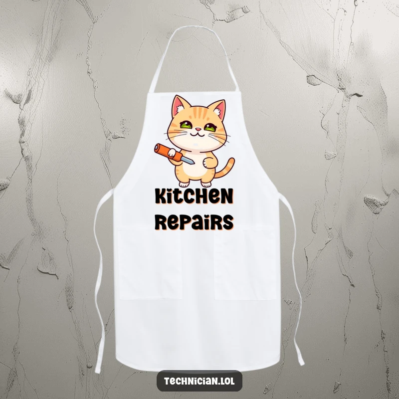 Funny apron with a smiling, determined cat holding a screwdriver, a humorous kitchen accessory and a perfect funny gift.