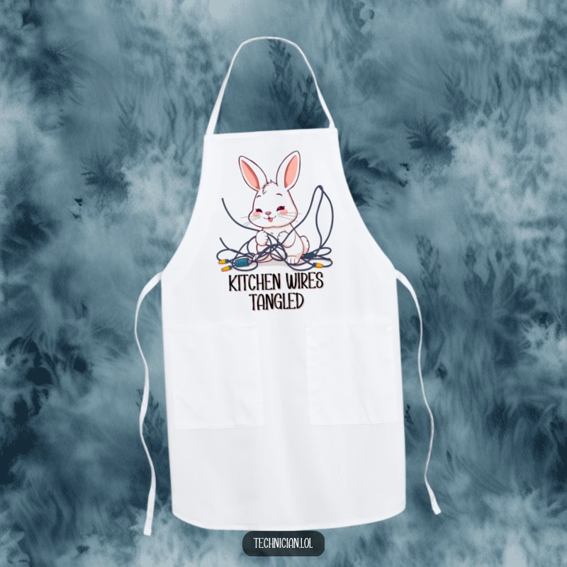 Funny apron with a smiling bunny intently examining a tangled mess of wires, perfect for the home cook who appreciates a bit of tech humor.