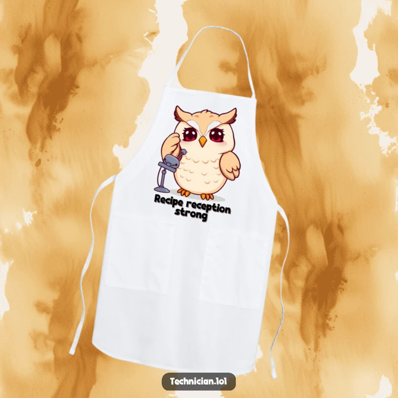 Funny owl wearing an apron and adjusting a satellite dish, kitchen humor with a tech twist, a funny gift.