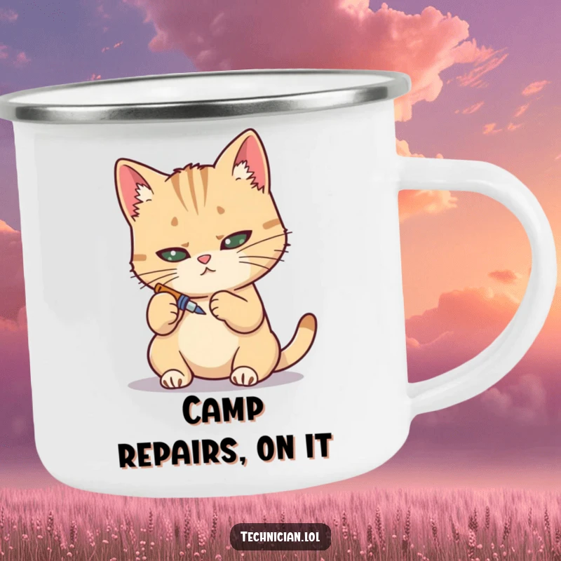 Funny camping mug, determined cat with tiny screwdriver, precision work, outdoor mechanic humor.