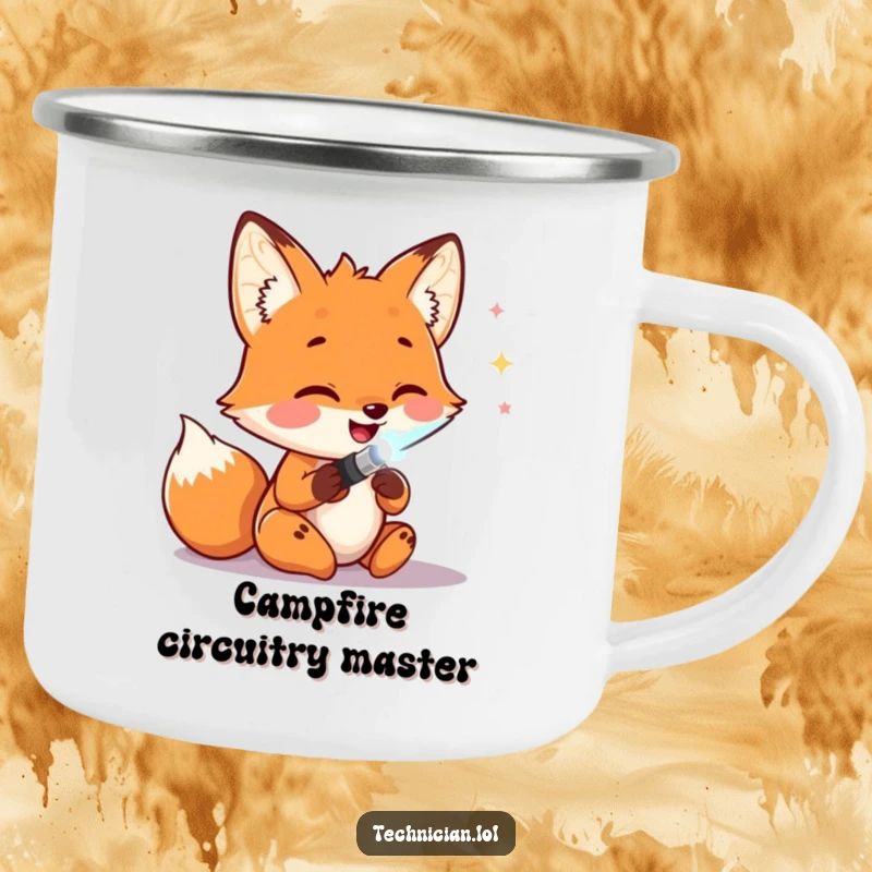 Funny Camping Mugs: A happy fox solders wires with a glowing tool, perfect for keeping your hands warm and your mind buzzing with creative ideas.