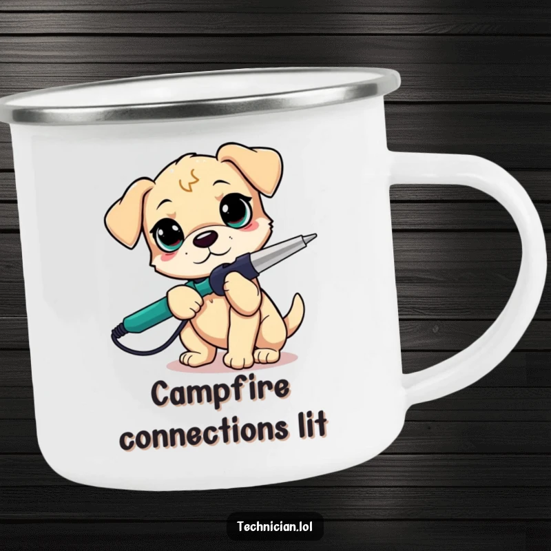 Funny puppy holding a soldering iron, determined look, durable camping mug, perfect for outdoor adventures, a funny gift.