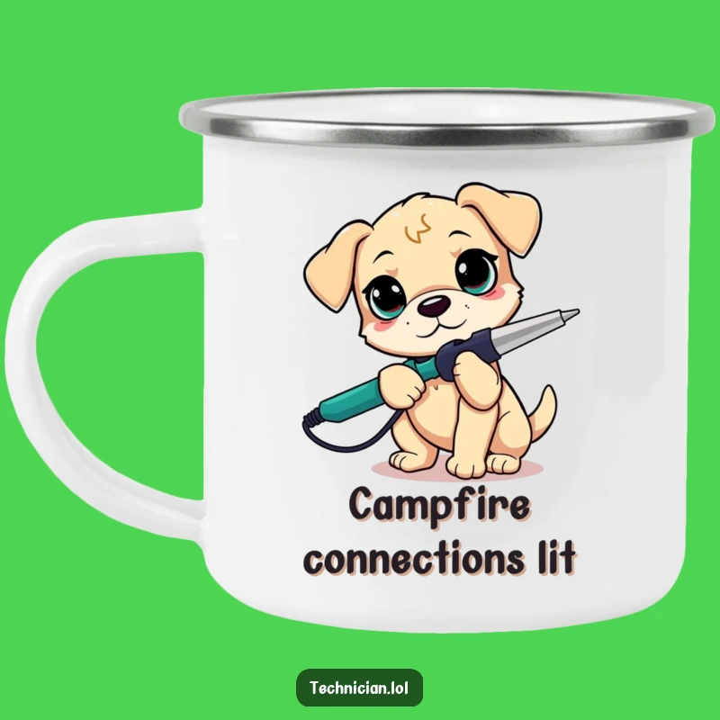 Funny Puppy Soldering Camping Mug: Adventure with Determined DIY Humor