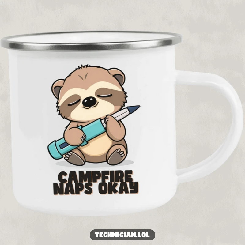 Funny Sloth Camping Mug: A sleepy sloth holds a screwdriver backwards, perfect for enjoying beverages during slow-paced outdoor adventures.