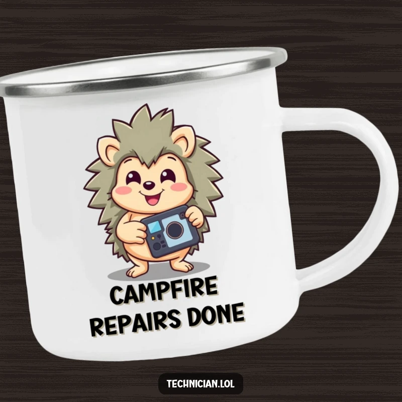 Funny camping mug with a happy hedgehog holding a repaired gadget, smiling victoriously; a durable and cheerful companion for the wild.