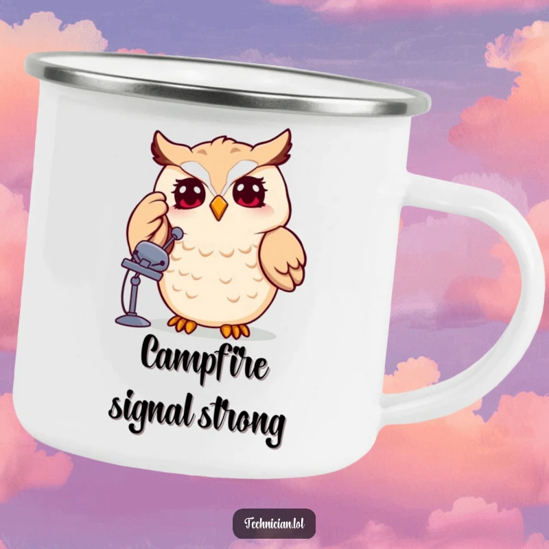 Funny owl holding a satellite dish, durable camping mug, whimsical tech theme, perfect for outdoor adventures, a funny gift.