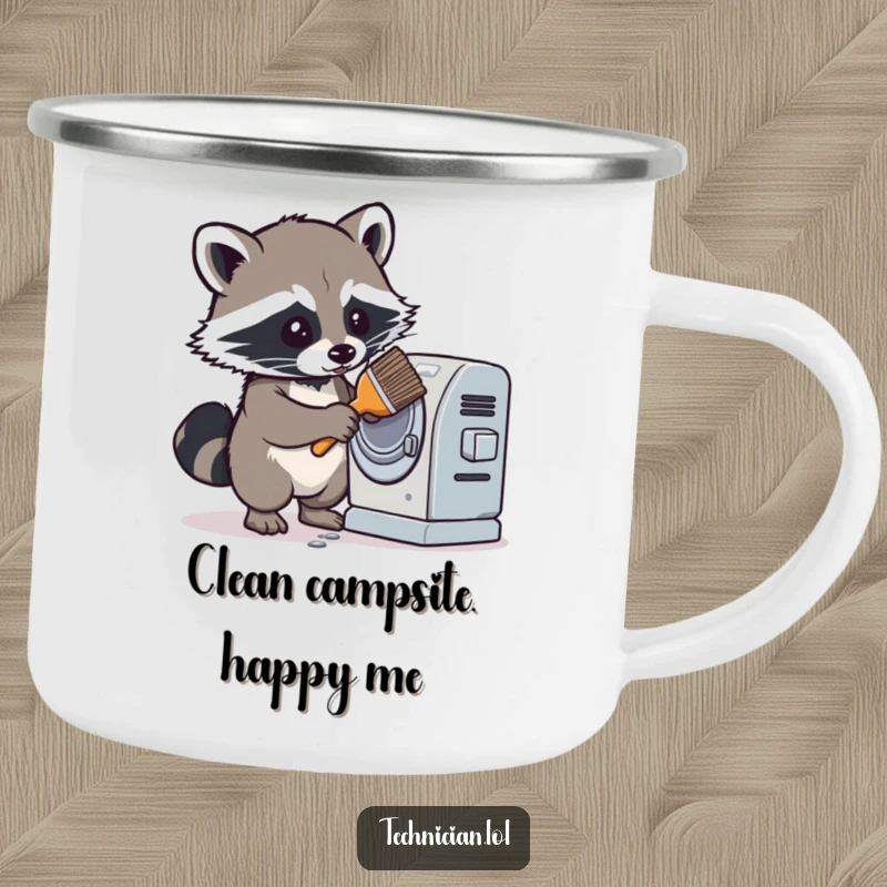 Funny camping mug with a determined raccoon cleaning a dusty machine with a brush, ideal for outdoor enthusiasts who value cleanliness and humor.