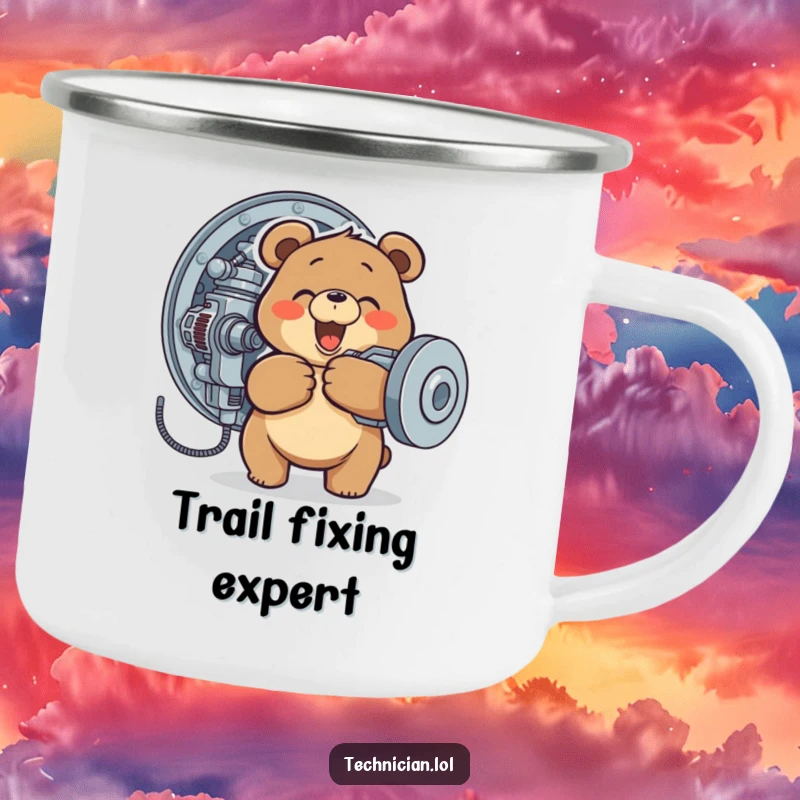 Funny camping mug featuring a happy bear tightening a screw on a complex machine, great for outdoor humor.