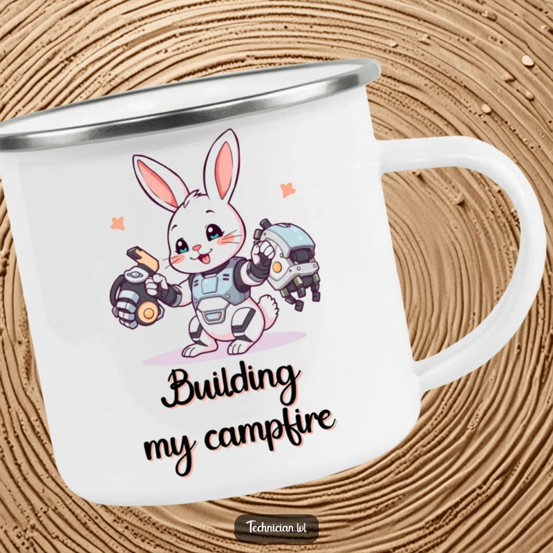 Funny bunny camping mug, a playful bunny assembling a robotic arm, ready for outdoor adventures.