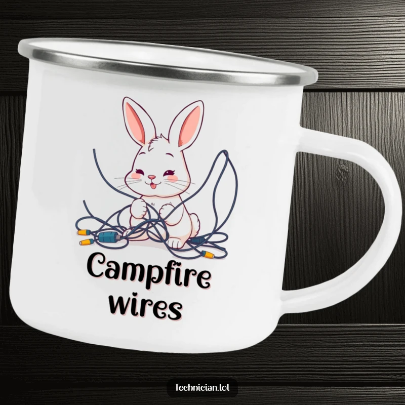 Funny camping mug featuring a smiling bunny intently examining a tangled mess of wires, perfect for outdoor enthusiasts who appreciate tech-related humor.