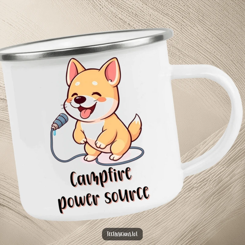 Funny dog camping mug showing an energetic dog plugging a lantern cord into a portable charger, symbolizing outdoor tech.