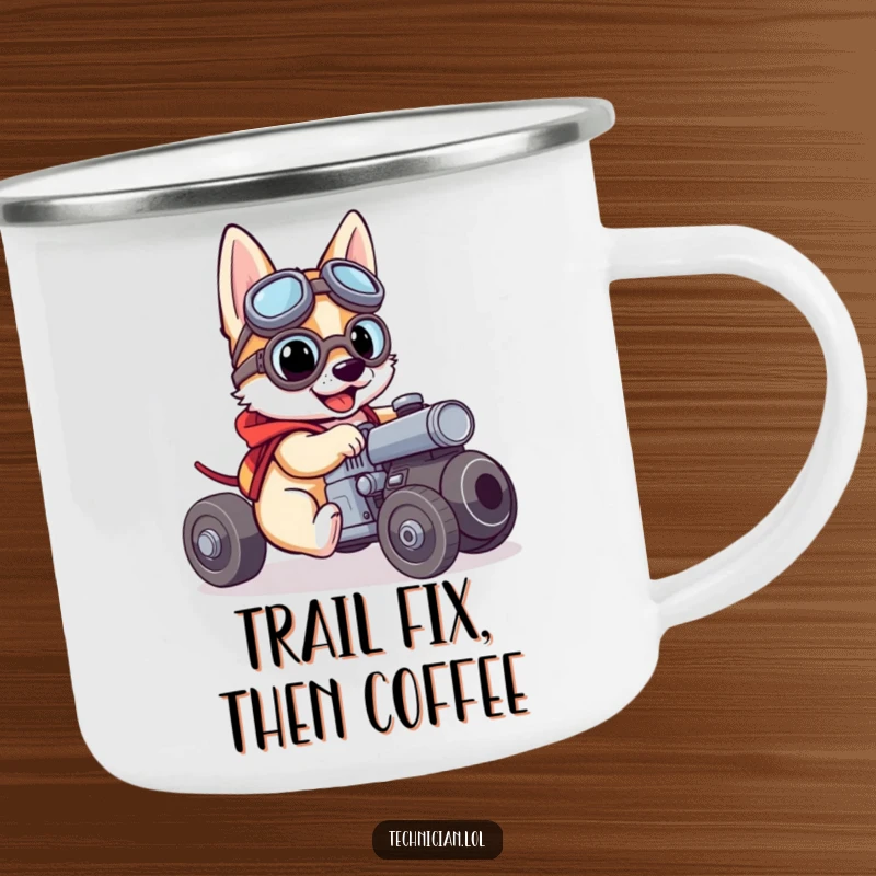 Funny camping mug depicting a brave dog wearing goggles, working on a small engine during an outdoor adventure.