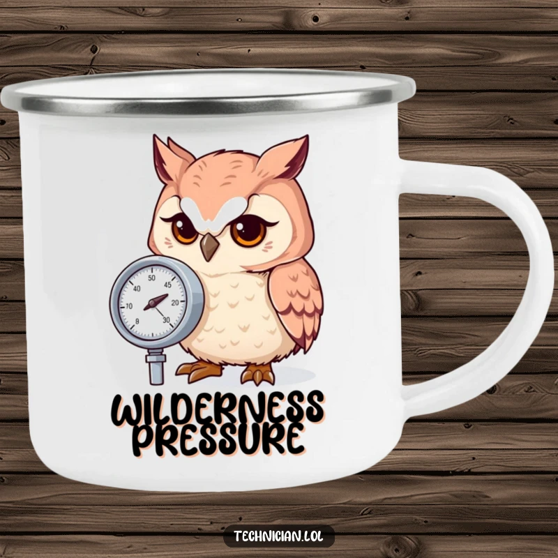 Funny owl intensely focused on a pressure gauge dial, on a sturdy camping mug for outdoor precision.