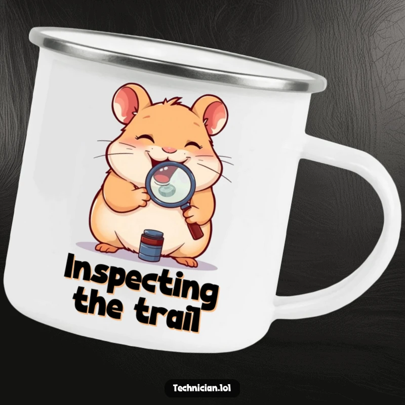 Funny camping mug featuring a giggling hamster holding a magnifying glass over a small component, perfect for outdoor exploration.