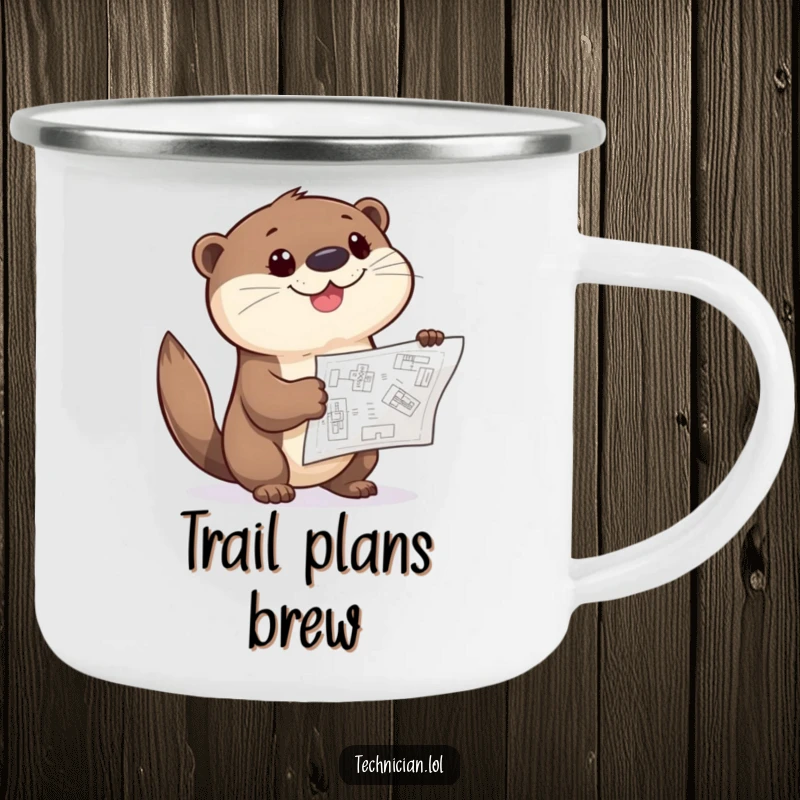 Funny Otter Camping Mug showing a giggling otter pointing curiously at a blueprint, designed for outdoor planning and humor.