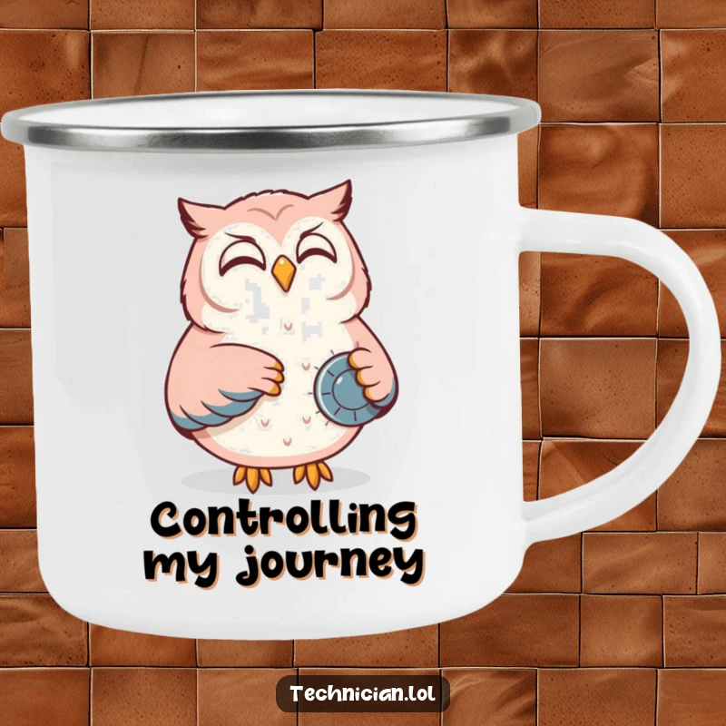 Funny camping mug featuring a content owl smiling while adjusting a dial on a control panel, perfect for outdoor command.