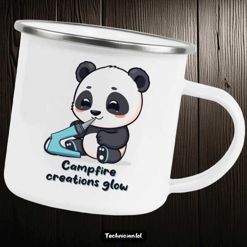 Funny camping mug with an enthusiastic panda using a soldering iron with great focus; a durable and humorous companion for the wild.