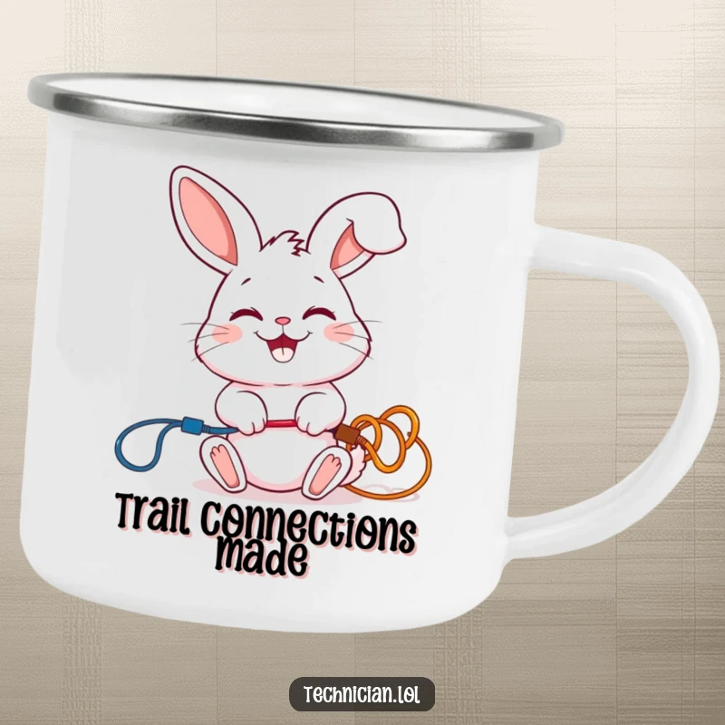 Funny camping mug featuring a giggling rabbit connecting colorful wires with a smile, great for outdoor cheer.