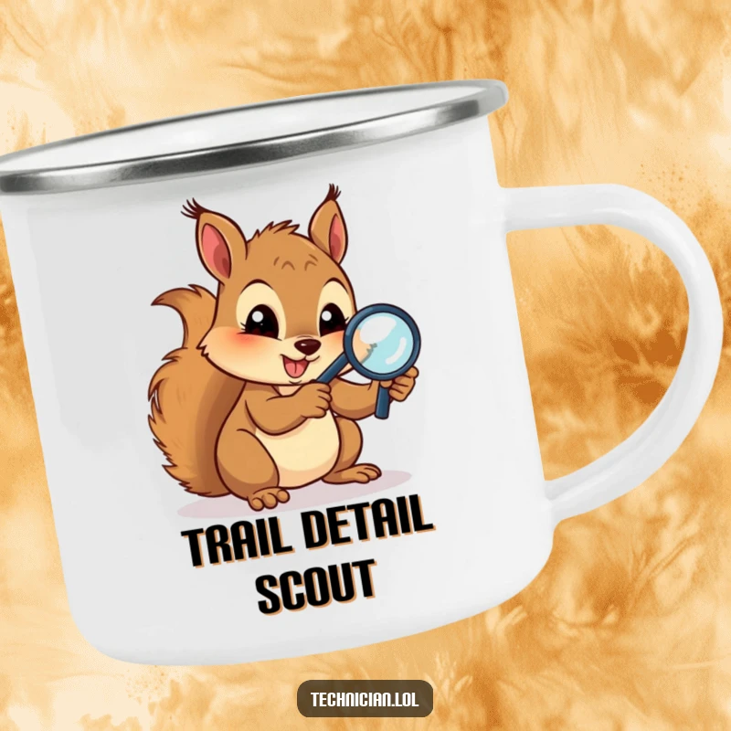 Funny Camping Mugs: A gleeful squirrel uses a magnifying glass to inspect circuits, bringing focused tech humor to your outdoor coffee breaks.