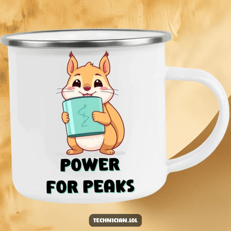 Funny happy squirrel proudly holding a large capacitor, on a sturdy camping mug.