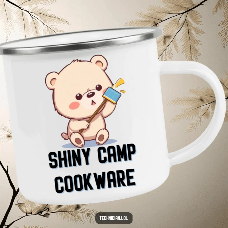 Funny bear camping mug showing a bear polishing a camping stove or canteen to a shine, symbolizing clean outdoor gear.