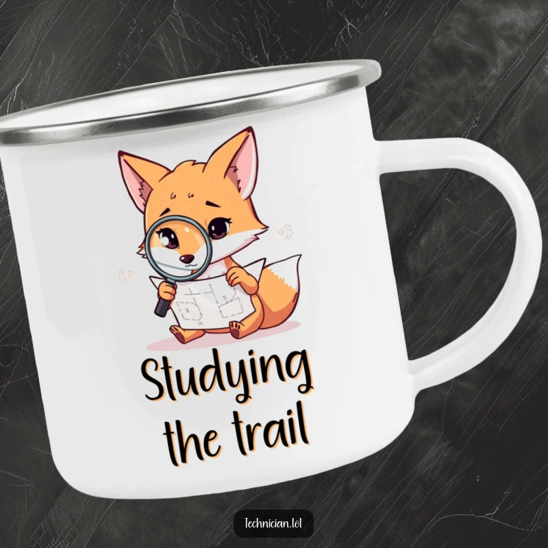 Funny fox camping mug, a crafty fox with a magnifying glass and diagram, ready for outdoor exploration.