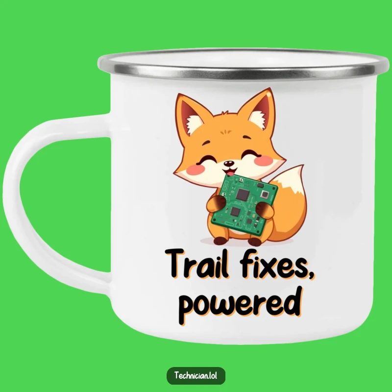 Funny Fox Tech Repair Camping Mug: Adventure fuel for the cheerful circuit fixer, a perfect funny gift!