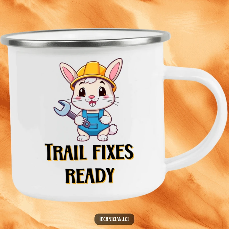 Funny happy bunny with hard hat and wrench, on a rustic camping mug, great for outdoor funny gift.