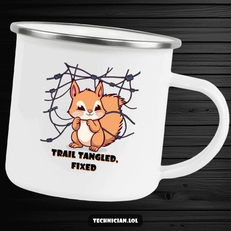 Funny camping mug, curious squirrel examining wires, tech explorer, outdoor nature humor.