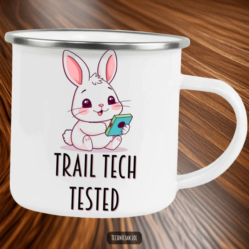 Funny camping mug with a cheery rabbit holding a colorful gadget, curious face; a durable and humorous companion for the wild.