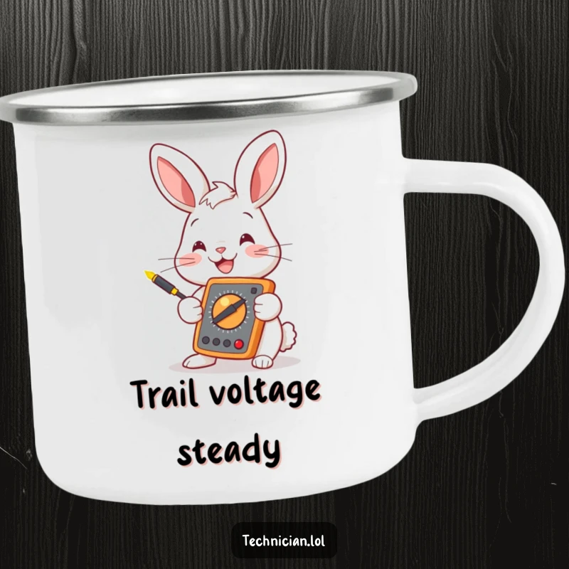 Funny bunny holding a multimeter, durable camping mug, electrical engineering theme, perfect for outdoor adventures, a funny gift.