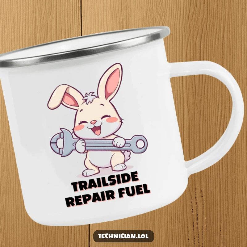 Funny bunny mechanic camping mug, showing a happy rabbit with a wrench, durable enamel for outdoor use, humorous design.